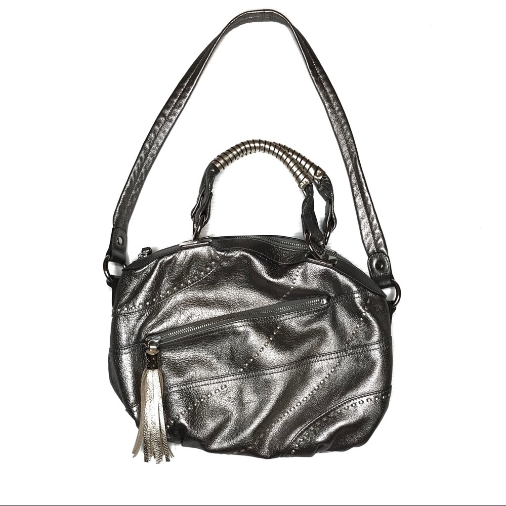 NWOT B. Makowsky Silver Leather Tassel Purse Bag
